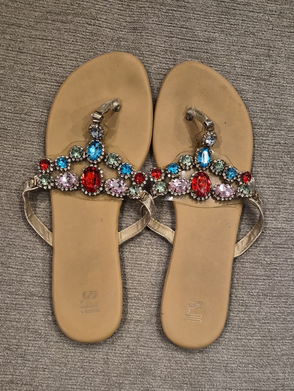 Embellished Tan Women's Sandals with Multicolor Gemstones